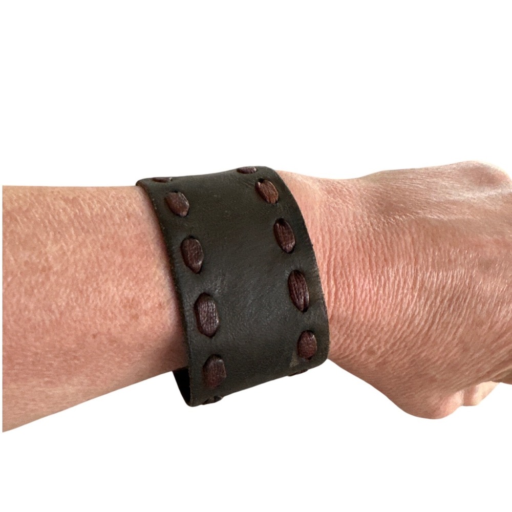 Unbranded Leather Cuff Bracelet Black Good Whipstitch Snap Biker Wrap